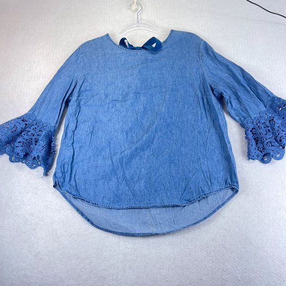 HESTER & ORCHARD Womens L Blue Chambray Lace Ruffle Sleeve Ribbon Tie Back Top - Picture 2 of 10